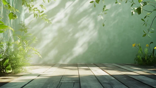Sunlit wooden terrace wrapped in gentle garden greenery.