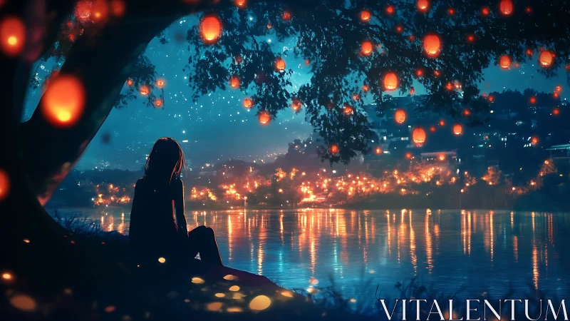 Silhouette by riverside under glowing lantern filled night sky.