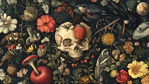 Skull, birds, and wild blooms share a lush, moody garden