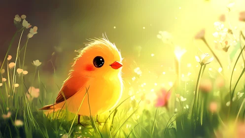 Small stylized bird stands in bright backlit meadow