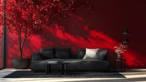Interior scene displays dark sofa against red wall with tree
