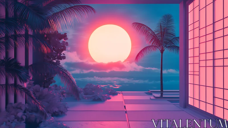 Neon tropic terrace under oversized cyberpunk sunset glow.