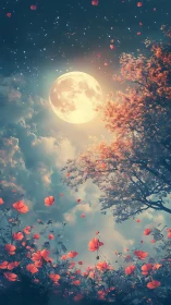 Moonlit blossom chorus under a sky of wandering embers.