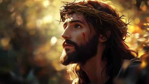Devotional portrait with thorn crown in warm rim lighting.
