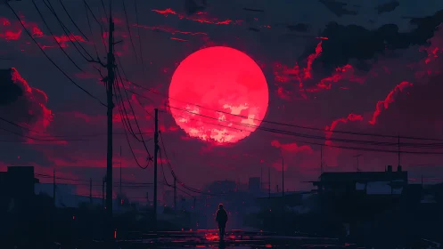 Solitary figure under oversized crimson moon in wired skyline