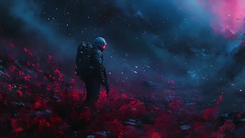 Solitary explorer in red alien field under dark nebula sky.