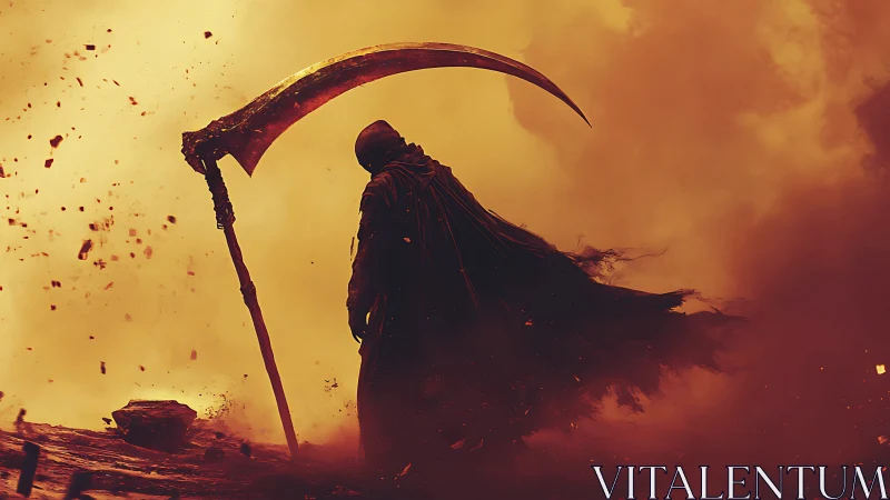 Hooded figure with scythe in dense orange atmospheric field.
