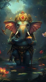 Ornate elephant-headed deity figure standing in forest pool.