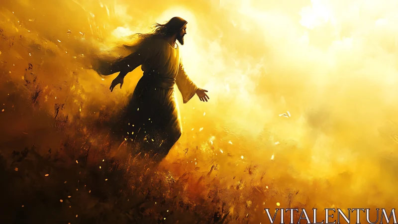 Robe-clad figure walking through radiant golden light.