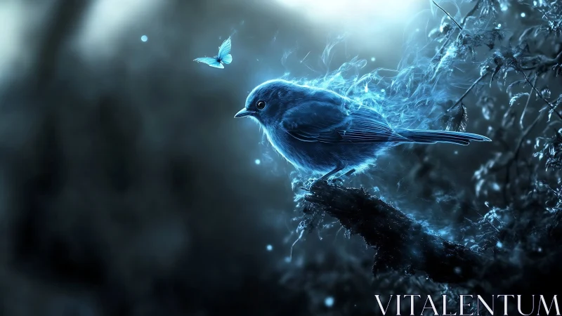 Luminous blue songbird radiates ethereal forest energy