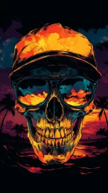 Neon dusk skull cruises a molten tropical shoreline horizon.