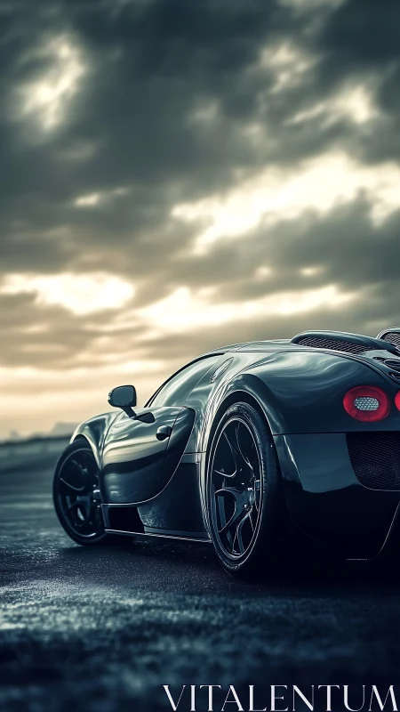 High-gloss rear-quarter hypercar view under dramatic storm sky