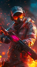 Armored soldier aims neon rifle amid intense fiery sparks