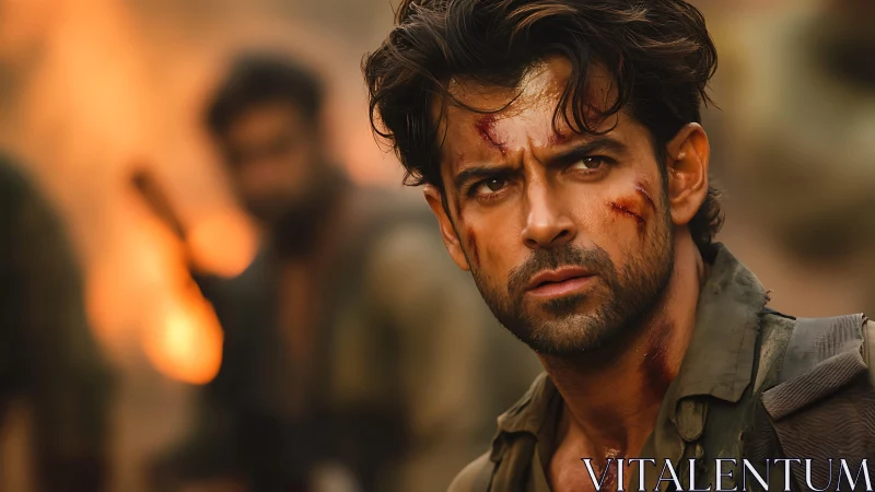 Battle-worn hero holding his ground in the firelit chaos.