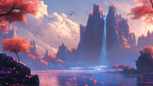 Fantasy landscape with tall cliffs, waterfall, and pink trees.