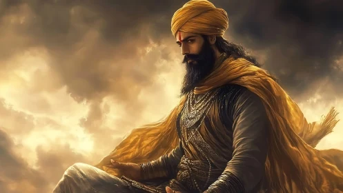 Warrior in golden turban sits against dramatic cloudy sky