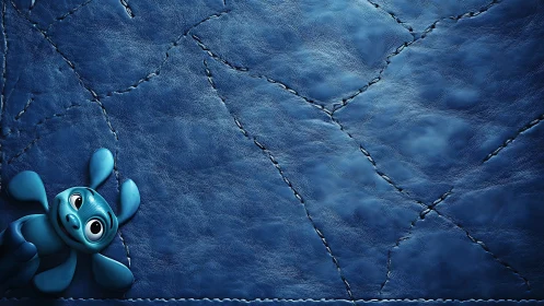 Blue cartoon creature on stitched leather surface background.