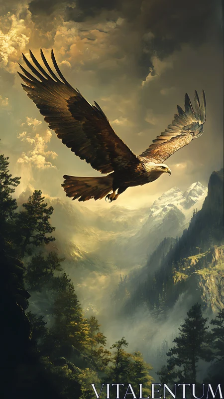 Majestic eagle gliding over sunlit mountain valley skies.