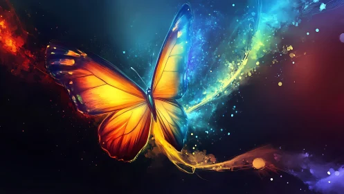 Butterfly is rendered with multicolor wings on dark background