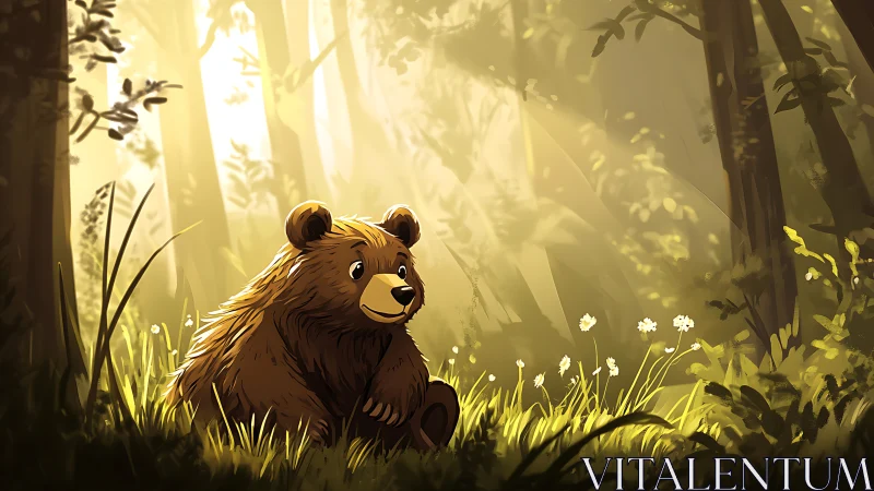 Cartoon bear illuminated by warm volumetric forest sunlight