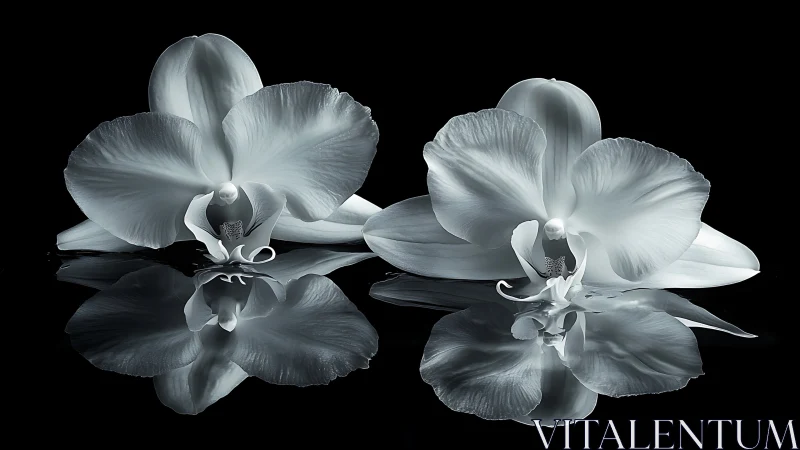 Monochrome orchid duet with mirrored reflective surface composition.