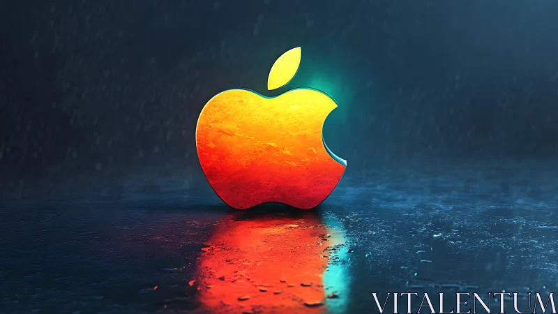 Apple logo rendered as glowing 3D icon on wet surface