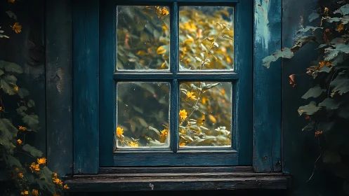 Weathered teal window frames golden garden blooms outside.