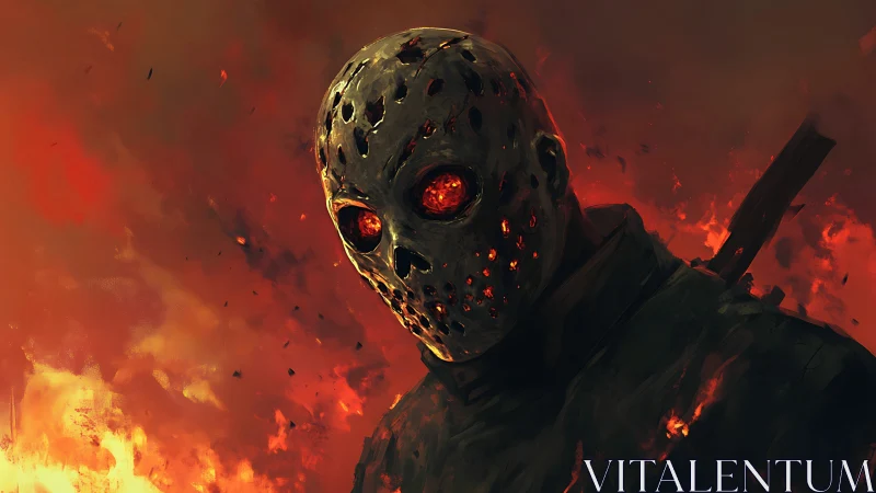 Masked inferno stalker with molten eyes amid burning sky.