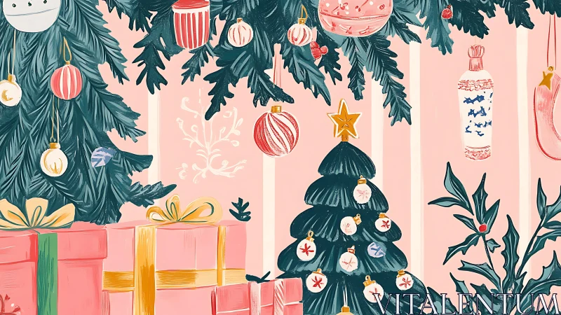 Illustrated pink Christmas interior with trees, gifts, ornaments