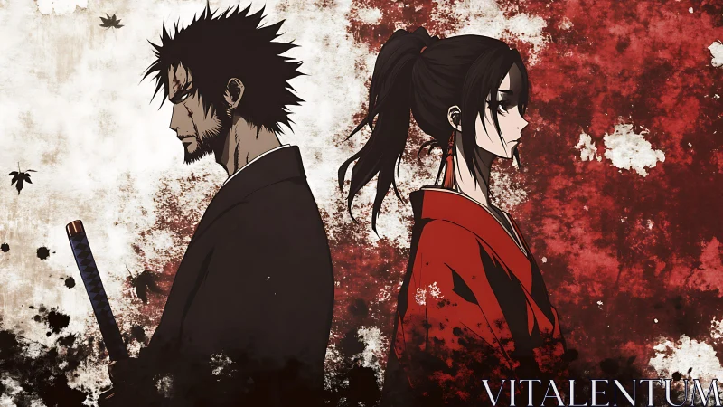 Samurai duo back to back amid grunge blood sky.