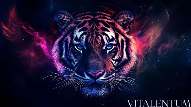 Cosmic tiger glow with electric eyes in a neon night sky.