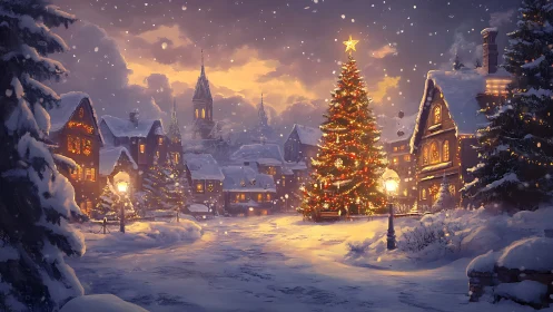 Golden lights glow around a cozy village Christmas tree