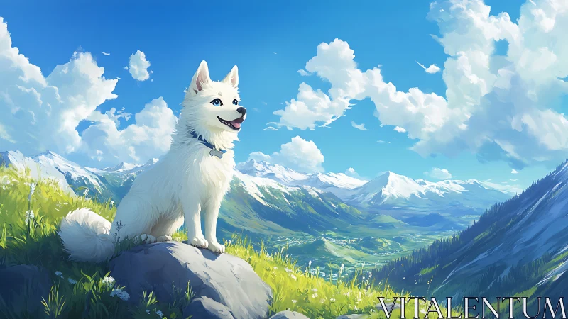 Joyful white dog soaks in bright mountain valley views