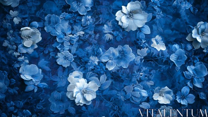 Monochromatic Blue Floral Composition with Textured Petal Relief.