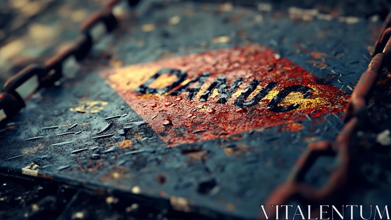 Rusty metal warning plate shows worn DANGER text under chain