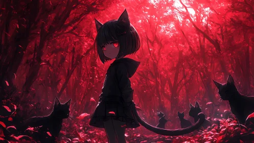 Anime catgirl in crimson forest with silhouetted felines focus.