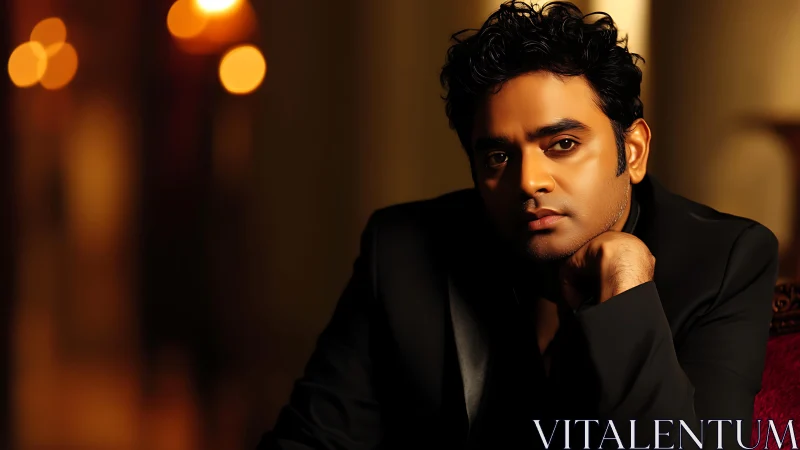 Moody male portrait with warm bokeh background lighting.