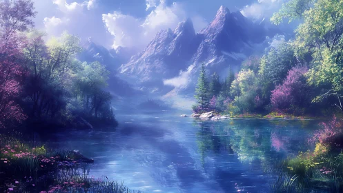 Spectral alpine lake with atmospheric depth and chromatic bloom.