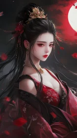 Moonlit lady in crimson robes with graceful, dreamy poise.