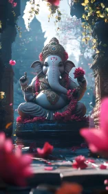 Gentle Ganesha idol glowing with flowers and soft morning light.