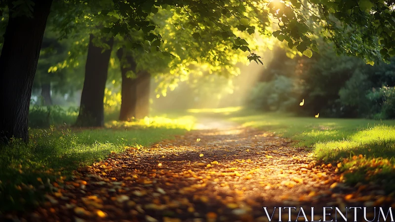 Sunlit tree-lined park path captures low-angle morning light