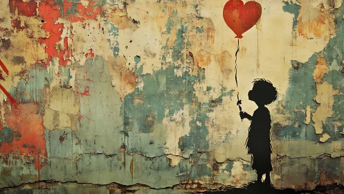 Silhouetted child with heart balloon on distressed mural surface.