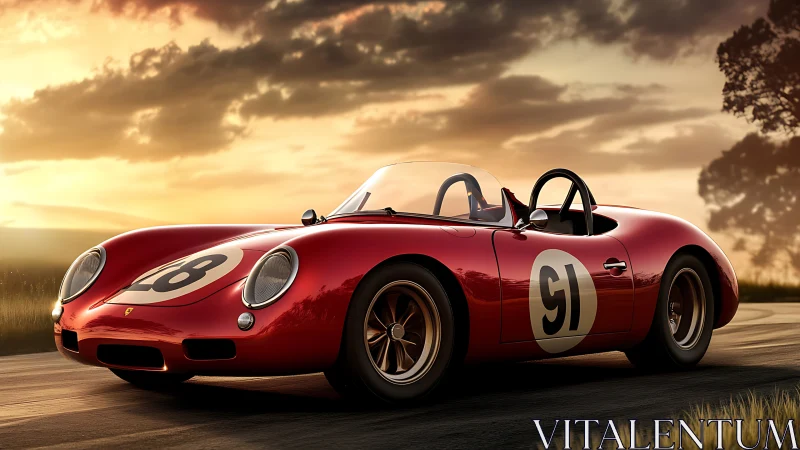 Red vintage race car on rural track at sunset landscape.