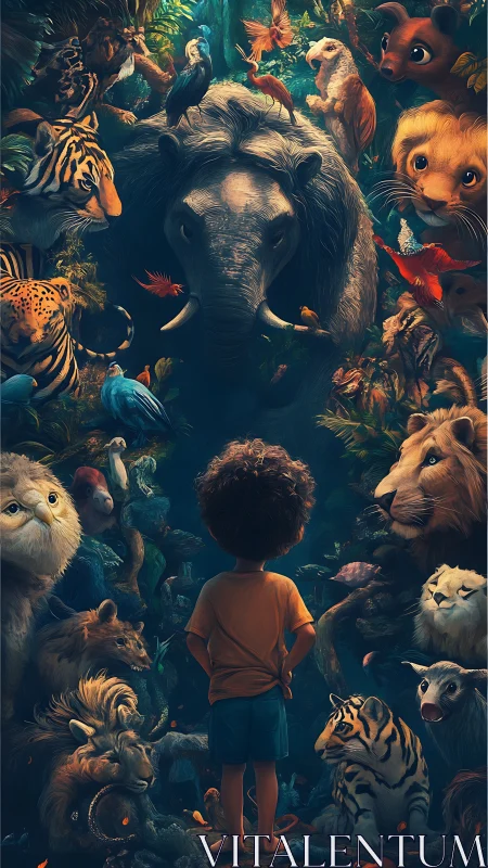 Curly haired child confronts watchful jungle animals in dusk light