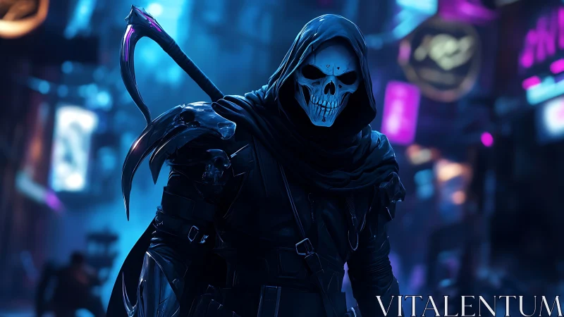 Neon city reaper strolling through glowing midnight streets.