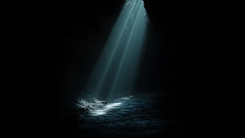 Single shaft of light pierces a shadowed rocky cavern floor.