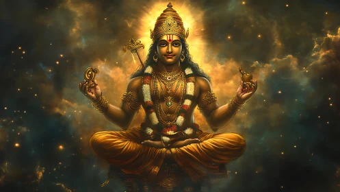 Radiant cosmic deity floating in golden celestial calm.