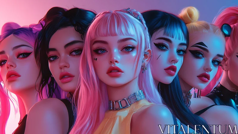 Digital portrait shows five stylized women in gradient lighting
