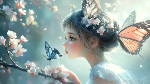Butterfly-winged girl meets spring blossom spirit in light.