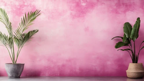 Tropical houseplants rest against a soft pink textured wall.